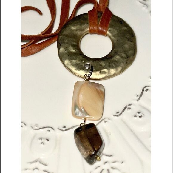 HANDCRAFTED Disc, Mother of Pearl, Smokey Topaz Necklace - Picture 3 of 12